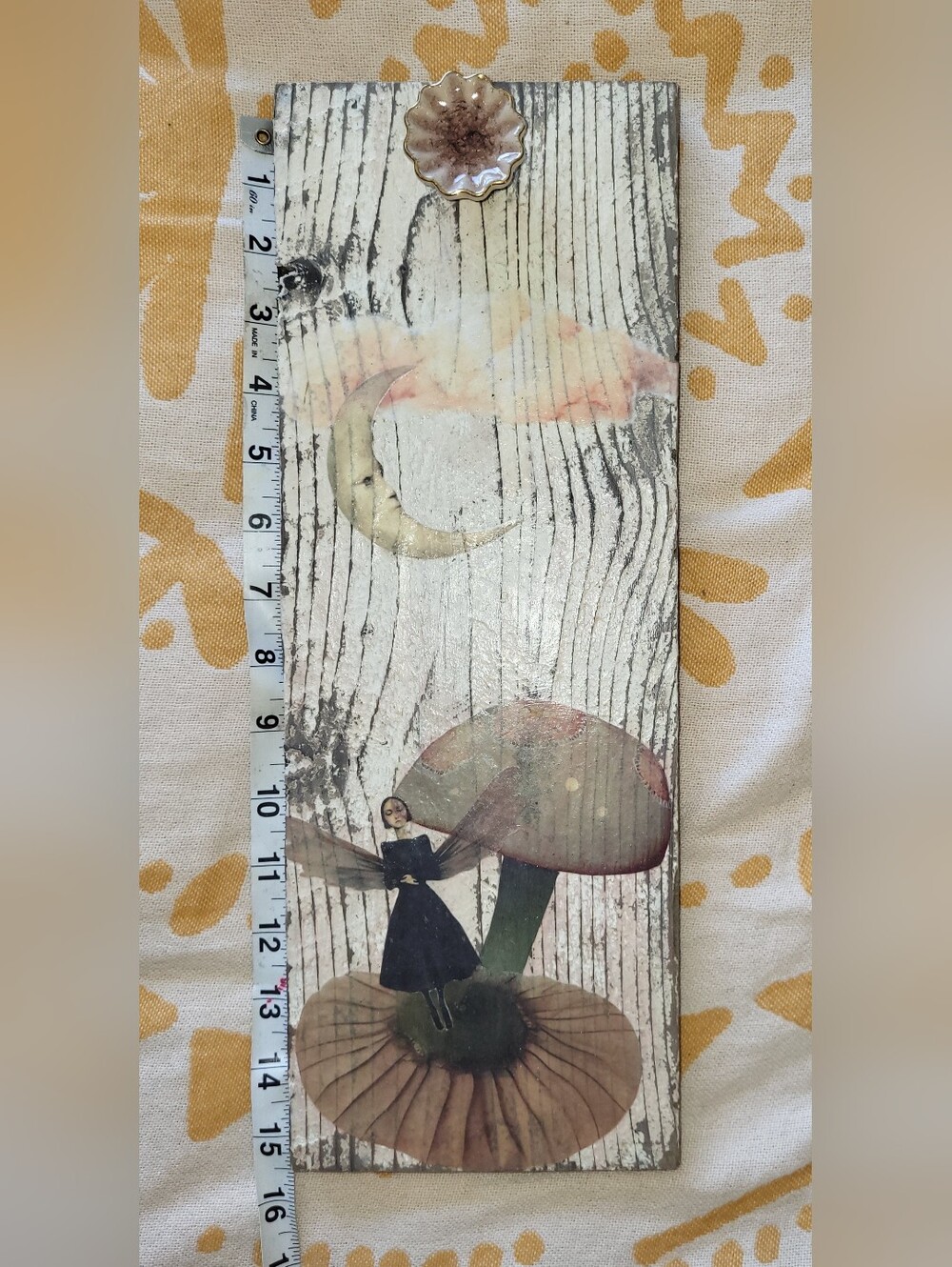 Whimsical Mushroom Fairy Wood Hanging Panel - Neutral Tones And Pale Pink